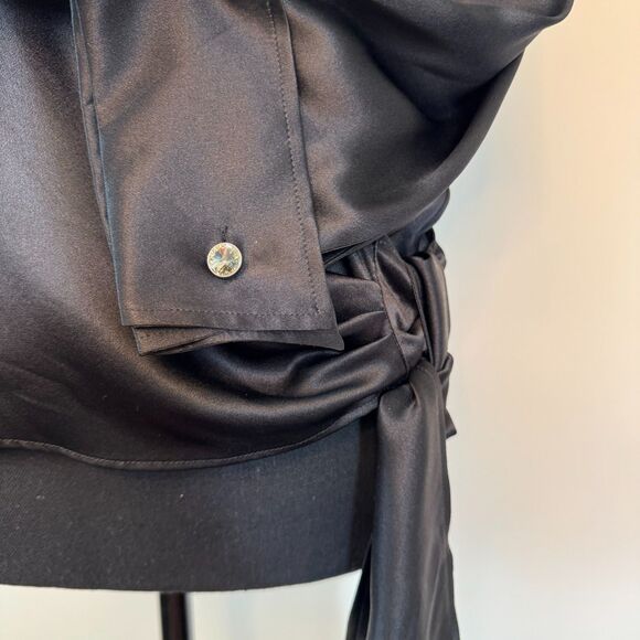 Escada 100% Silk Black Wrap Around Blouse with Crystal Button Cuff Size 8 - Picture 4 of 7